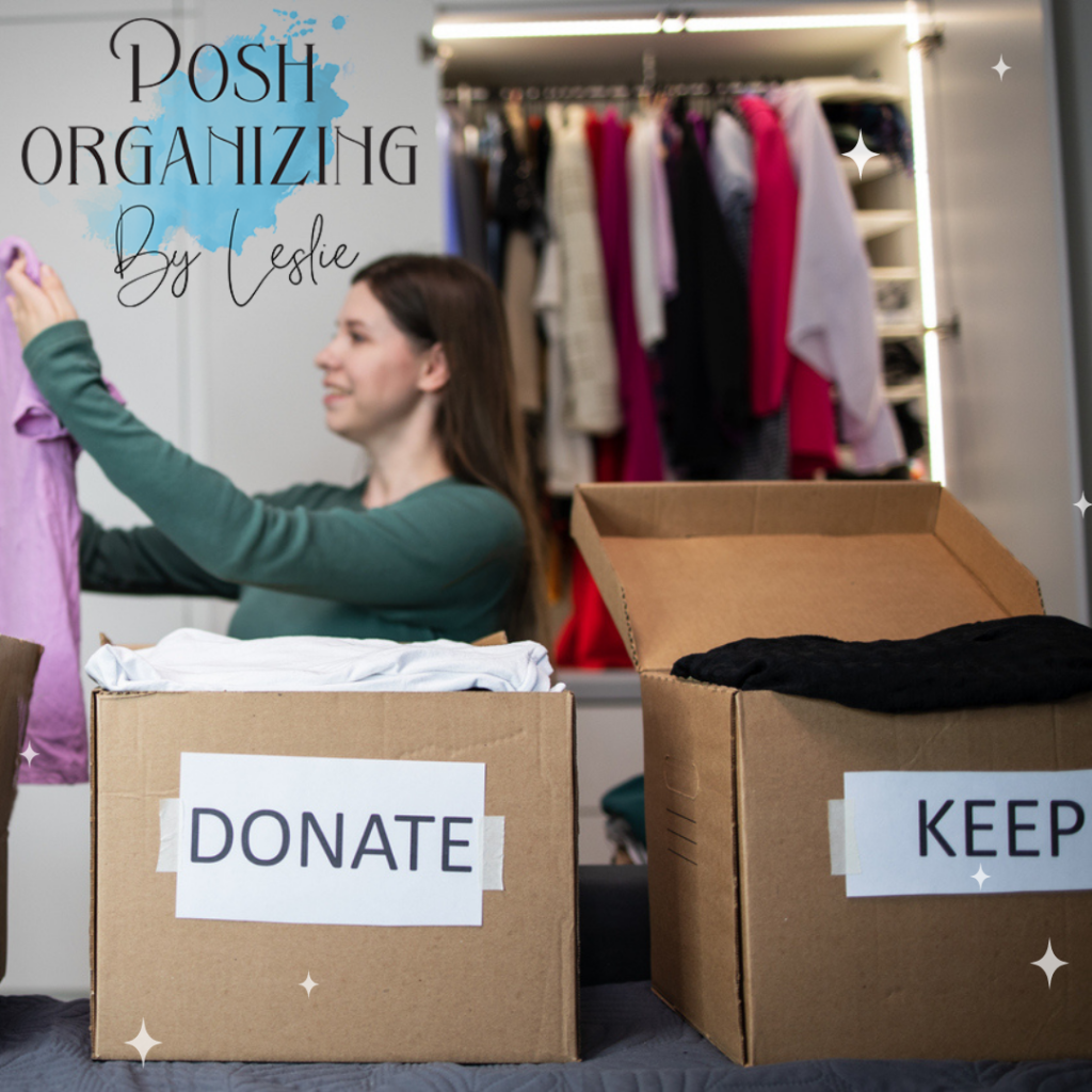 Woman sorts her wardrobe, segregating them to boxes labeled discard, donate and keep.