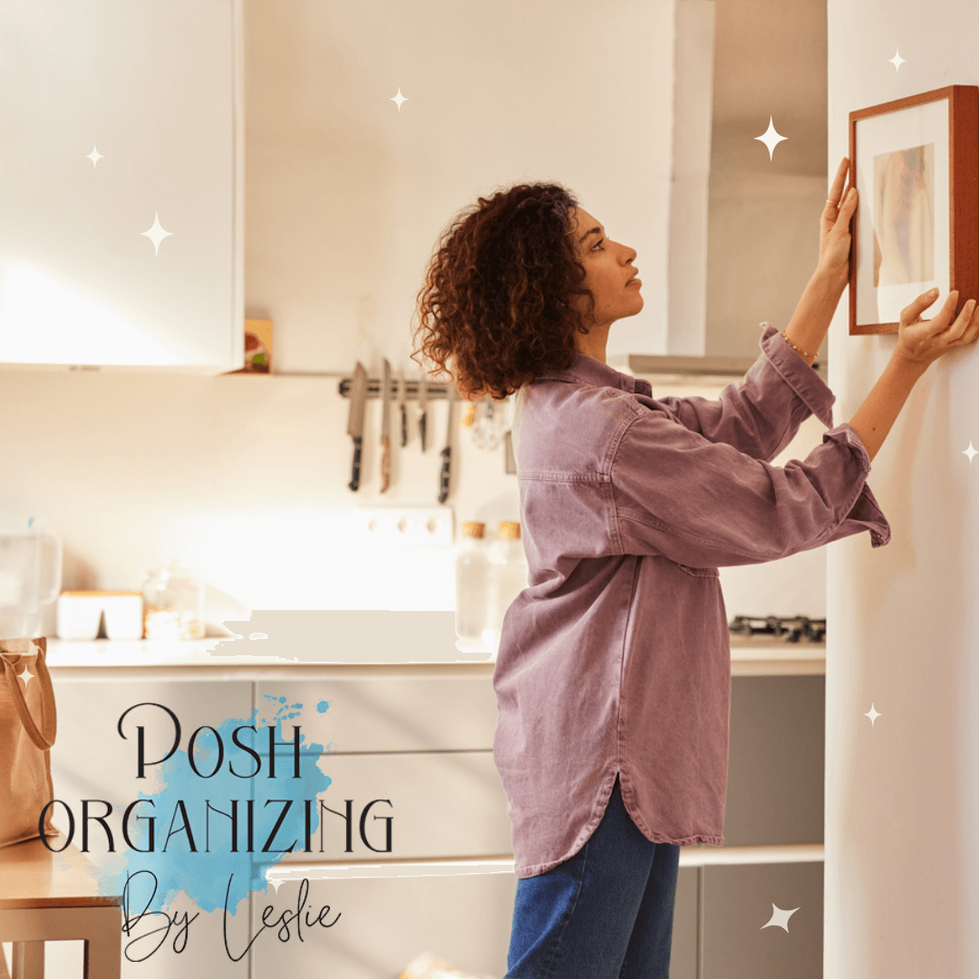 A curly-haired woman is placing sentimental items in a special spot in her home to display them stylishly.